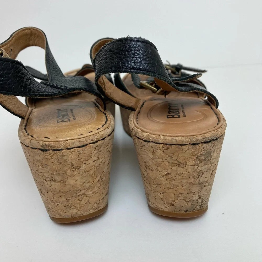*Born Black Leather Platform Buckle & Ankle Strap Size 8 Cork Wedge Sandal #SR